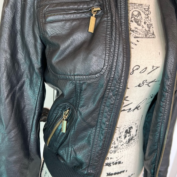 Express Faux Leather Jacket Moto Style Ribbed Collar Size XS Dark Brown - Picture 3 of 13